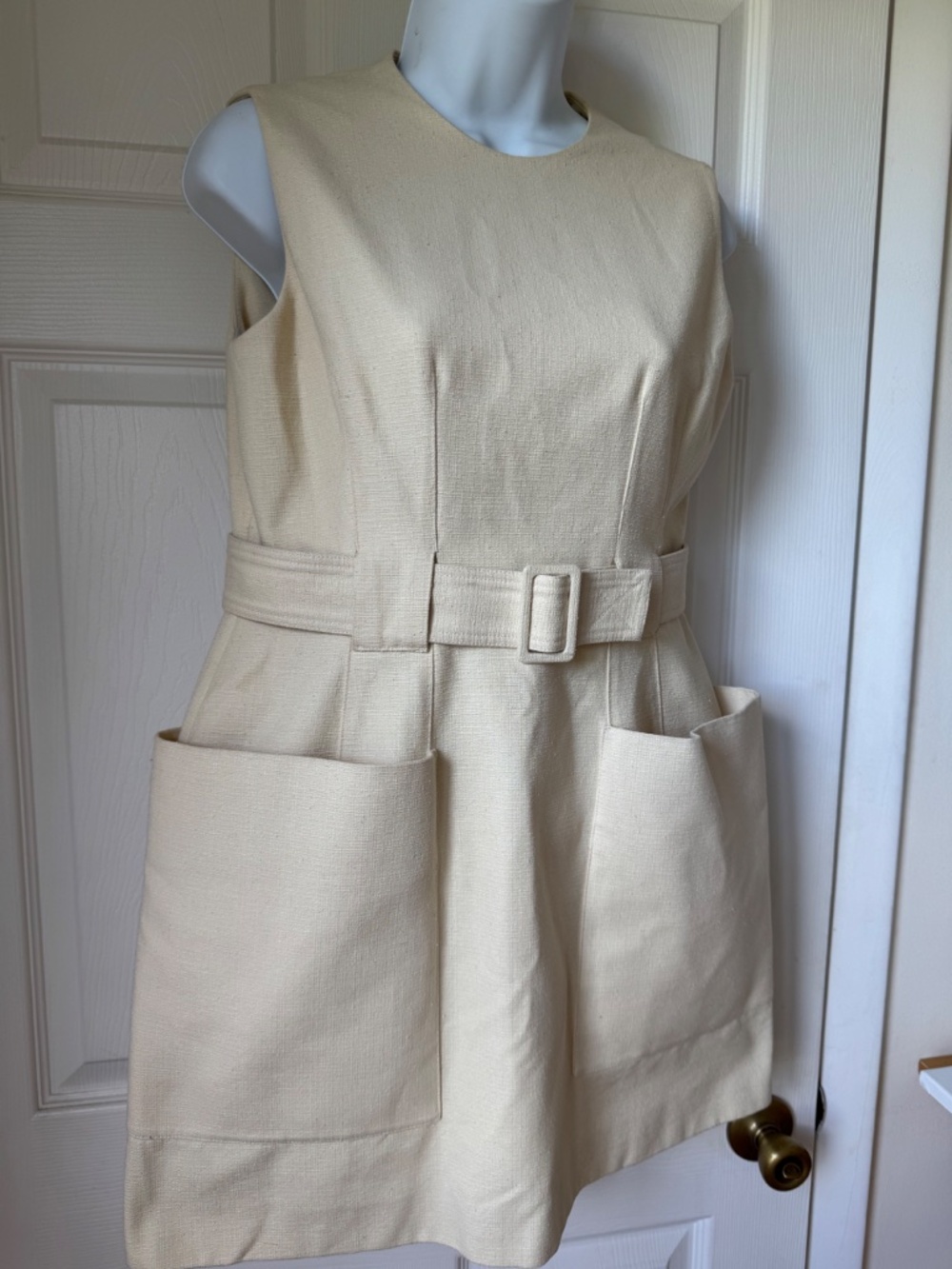 Alexander McQueen Italy Dress Size 44 Ivory Cream Belted Patch Pocket Sleeveless